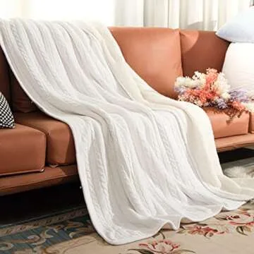 NTBAY Cotton Cable Knit Sherpa Throw Blanket for Couch (51"x67"), Soft Warm Fleece Knitted Throw for Bed, Sofa, Chair - Extra Cozy, Machine Washable, Comfortable Home Decor, White