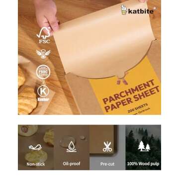 Katbite 200Pcs 12x16 In Unbleached Parchment Paper for Baking, Precut Parchment Paper Sheets, Heavy Duty Flat Baking Paper, Half Sheet Baking Sheets for Baking Cookies, Cooking, Air Fryer, Oven