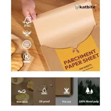 Katbite 200Pcs 12x16 In Unbleached Parchment Paper for Baking, Precut Parchment Paper Sheets, Heavy Duty Flat Baking Paper, Half Sheet Baking Sheets for Baking Cookies, Cooking, Air Fryer, Oven