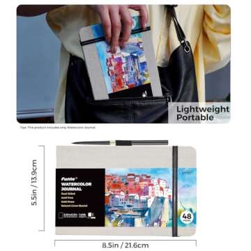 Funto Watercolor Journal, 8.5x5.5, 48 Pages, Cold-Pressed, Inner Paper Pocket and Elastic Band, Art Supplies for Mixed Media