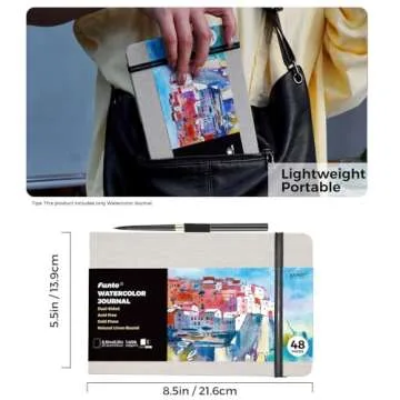 Funto Watercolor Journal, 8.5x5.5, 48 Pages, Cold-Pressed, Inner Paper Pocket and Elastic Band, Art Supplies for Mixed Media