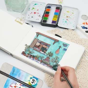 Funto Watercolor Journal, 8.5x5.5, 48 Pages, Cold-Pressed, Inner Paper Pocket and Elastic Band, Art Supplies for Mixed Media