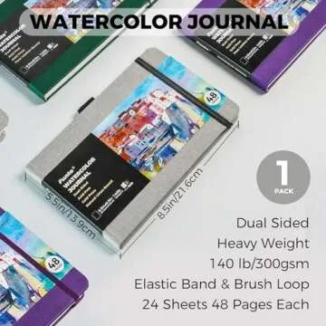 Funto Watercolor Journal, 8.5x5.5, 48 Pages, Cold-Pressed, Inner Paper Pocket and Elastic Band, Art Supplies for Mixed Media