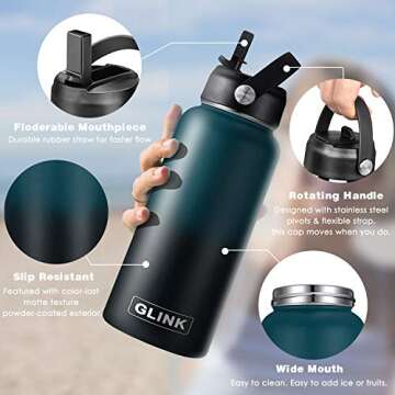 GLINK Stainless Steel Water Bottle with Straw, 32 oz Wide Mouth Double Wall Vacuum Insulated Water Bottle Leakproof, Straw Lid and Spout Lid with New Rotating Rubber Handle