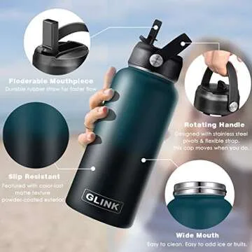 GLINK Stainless Steel Water Bottle with Straw, 32 oz Wide Mouth Double Wall Vacuum Insulated Water Bottle Leakproof, Straw Lid and Spout Lid with New Rotating Rubber Handle