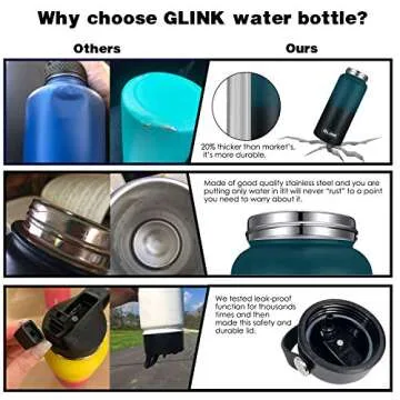 GLINK Stainless Steel Water Bottle with Straw, 32 oz Wide Mouth Double Wall Vacuum Insulated Water Bottle Leakproof, Straw Lid and Spout Lid with New Rotating Rubber Handle