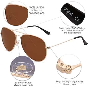 SOJOS Classic Aviator Polarized Sunglasses for Men Women Vintage Retro Style,Gold/Brown,62mm