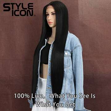 Style Icon 38" Super Long Straight Wigs Lace Front Wigs 6" Deeper Middle Part Wig Black Synthetic Wig (38", 1B)