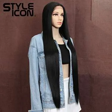 Style Icon 38" Super Long Straight Wigs Lace Front Wigs 6" Deeper Middle Part Wig Black Synthetic Wig (38", 1B)