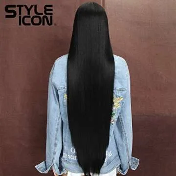 Style Icon 38" Super Long Straight Wigs Lace Front Wigs 6" Deeper Middle Part Wig Black Synthetic Wig (38", 1B)