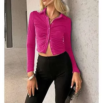 SAFRISIOR Women's Sexy Y2K Ruched Ruffle Buttons Down Collar Long Sleeve Slim Fit Crop Top Tee Shirts Blouse Cardigan (Small, Hot Pink)