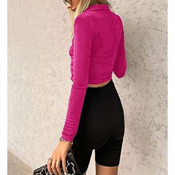 SAFRISIOR Women's Sexy Y2K Ruched Ruffle Buttons Down Collar Long Sleeve Slim Fit Crop Top Tee Shirts Blouse Cardigan (Small, Hot Pink)