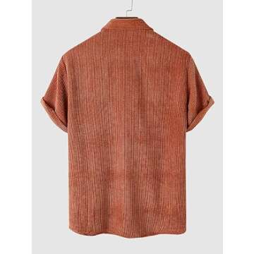 ZAFUL Men's Ribbed Corduroy Solid Color Casual Short Sleeves Pocket Button Up Shirt Plain Top (1-Deep Coffee, L)