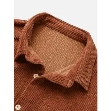 ZAFUL Men's Ribbed Corduroy Solid Color Casual Short Sleeves Pocket Button Up Shirt Plain Top (1-Deep Coffee, L)