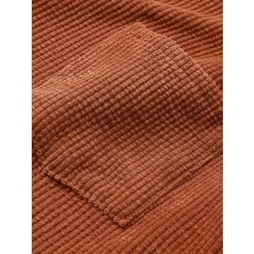 ZAFUL Men's Ribbed Corduroy Solid Color Casual Short Sleeves Pocket Button Up Shirt Plain Top (1-Deep Coffee, L)