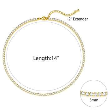 Luxval Tennis Necklace 14K Gold Plated Choker Necklaces for women Dainty Zirconia Cut Faux Diamond chain 3mm Width 14Inches