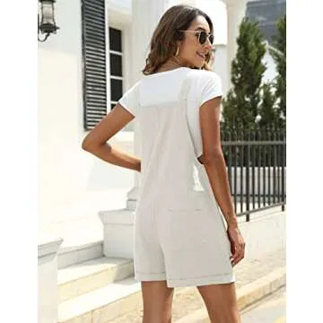 Yeokou Womens Cotton Linen Overalls Casual Summer Rompers Jumpsuit Bib Shortalls(White-L)