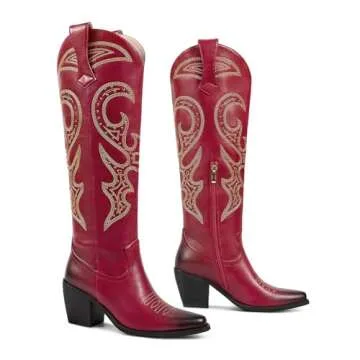 wetkiss Red Cowgirl Boots for Women Red Cowboy Boots for Women Red Cowboy Cowgirl Boots Mid Calf Cowboy Cowgirl Boots Red Western Boots for Women Knee High Tall Cowgirl Boots Red Boots