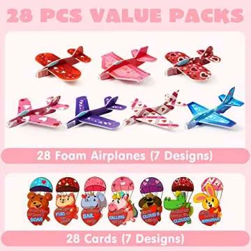 JOYIN 28 Pack Valentine's Day Greeting Cards with Foam Airplanes, Colorful Heart Animal Designs with...