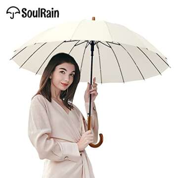 SoulRain 16 Ribs 48" Stick Umbrella Auto Open Solid Color Fashionable and Simple，Arc Classic Wood Handle，Windproof Unbreakable Stick Rain Umbrella (Creamy)…