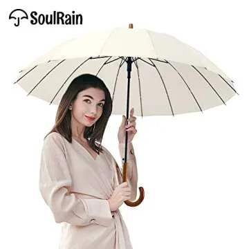 SoulRain 16 Ribs 48" Stick Umbrella Auto Open Solid Color Fashionable and Simple，Arc Classic Wood Handle，Windproof Unbreakable Stick Rain Umbrella (Creamy)…