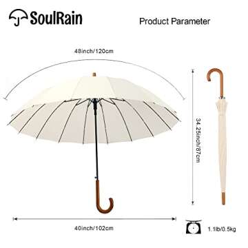 SoulRain 16 Ribs 48" Stick Umbrella Auto Open Solid Color Fashionable and Simple，Arc Classic Wood Handle，Windproof Unbreakable Stick Rain Umbrella (Creamy)…