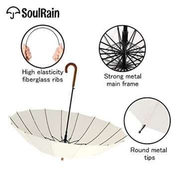 SoulRain 16 Ribs 48" Stick Umbrella Auto Open Solid Color Fashionable and Simple，Arc Classic Wood Handle，Windproof Unbreakable Stick Rain Umbrella (Creamy)…