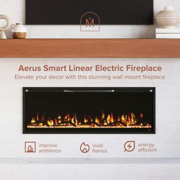 Modern Ember Aerus 50 Inch Smart Linear Electric Fireplace - Recessed in-Wall and Wall-Mount, Multip...