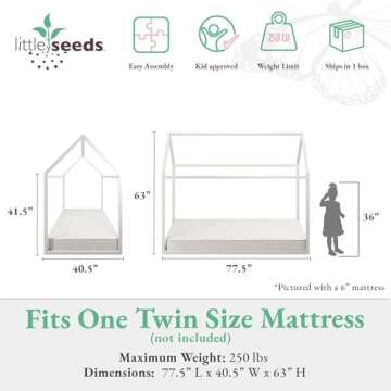 Little Seeds Skyler Montessori-Style House Floor Bed Frame for Kids and Toddlers, Metal Canopy Frame, No Box Spring Required, Twin, Off White