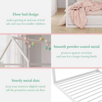 Little Seeds Skyler Montessori-Style House Floor Bed Frame for Kids and Toddlers, Metal Canopy Frame, No Box Spring Required, Twin, Off White