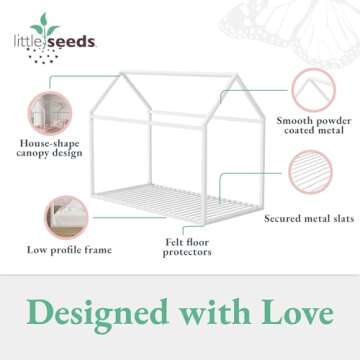 Little Seeds Skyler Montessori-Style House Floor Bed Frame for Kids and Toddlers, Metal Canopy Frame, No Box Spring Required, Twin, Off White