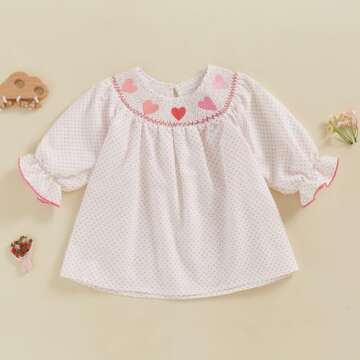 Toddler Baby Girl Valentines Outfit Heart Embroidery Smocked Dress Long Sleeve Princess Dresses Cute...