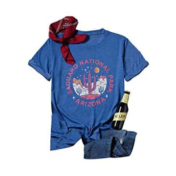 Arizona Saguaro National Park Cactus T-Shirt Women Cute Graphic Short Sleeve Funny Letter Print Blouse Tee Size M (Blue)