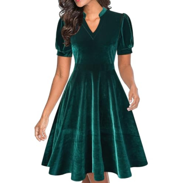 Mokayee Green Velvet Dress for Women Short Puff Sleeve Casual Semi-Formal Fit and Flare Cocktail Chu...
