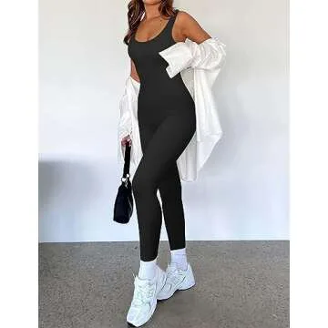 RXRXCOCO Women Backless One Piece Jumpsuits Sleeveless Scoop Neck Bodycon Romper Seamless Workout Yoga Jumpsuits Black Large