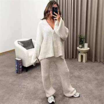 Udeniy Womens Knit Pajama Sets V-Neck 2 Piece Outfits Casual Matching Lounge Set Long Sleeve Sweater...