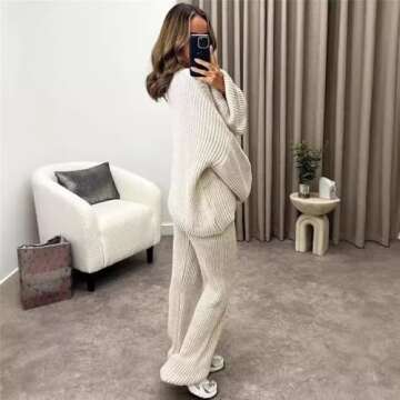 Udeniy Womens Knit Pajama Sets V-Neck 2 Piece Outfits Casual Matching Lounge Set Long Sleeve Sweater Tops and Pants