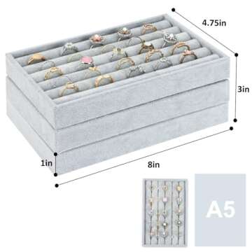 Fixwal Set of 3 Jewelry Tray, 8in Stackable Jewelry Organizer for Drawer, Rings, Necklaces, Bracelets, Brooches, Earrings with Removable Divider, Gray