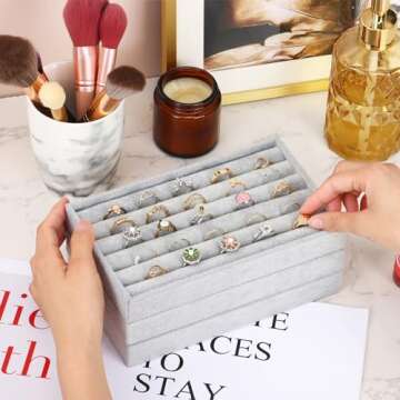 Fixwal Set of 3 Jewelry Tray, 8in Stackable Jewelry Organizer for Drawer, Rings, Necklaces, Bracelets, Brooches, Earrings with Removable Divider, Gray