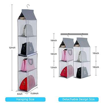 KEEPJOY Detachable Hanging Handbag Organizer,Purse Storage Bag for Closet with 4 Shelves Storage Purse Holder for Wardrobe Closet Space Saving Purse Organizers System(Gray)