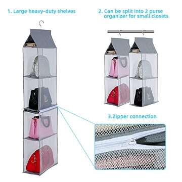 KEEPJOY Detachable Hanging Handbag Organizer,Purse Storage Bag for Closet with 4 Shelves Storage Purse Holder for Wardrobe Closet Space Saving Purse Organizers System(Gray)