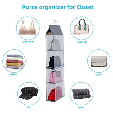 KEEPJOY Detachable Hanging Handbag Organizer,Purse Storage Bag for Closet with 4 Shelves Storage Purse Holder for Wardrobe Closet Space Saving Purse Organizers System(Gray)