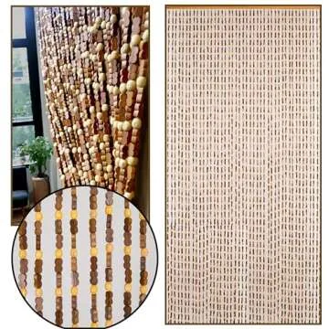 BeadedString Natural Wood and Bamboo Beaded Curtain-45 Strands-77 in High-Plain Design-Bamboo and Wooden Doorway Beads-Boho Bohemian Curtain-35.5" W x 77" H-SunshineBr
