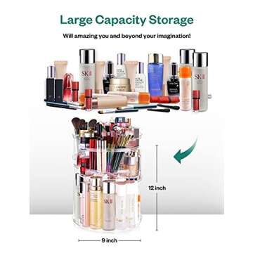 360° Rotating Makeup Organizer – EASAY Spinning Cosmetic and Skincares Organizers Storage with Makeup Brushes Holder, Cosmetic Display Case for Vanity Bathroom