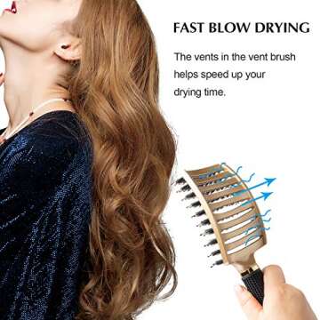 FIXBODY Boar Bristle Hair Brush - Curved & Vented & Oversize Design Detangling Hair Brush for Women Long, Thick, Curly and Tangled Hair Blow Drying Brush (Gold)