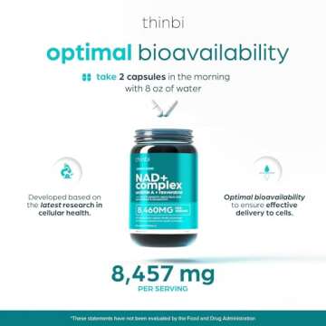 NAD Supplement 8457 mg Extra Strength NMN Alternative Liposomal for Women & Men w Urolithin A, Resveratrol, CoQ10, Alpha Lipoic Acid- Energy, Anti Aging Cell Regeneration 30 Day Supply Thinbi