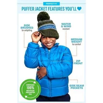 Boys' Medium Weight Puffer Jacket, Wind & Water-Resistant