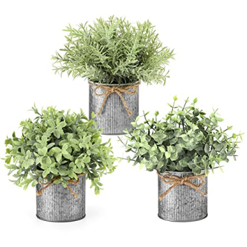 Rustic Mini Fake Plants in Galvanized Pots