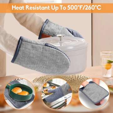 TIPTAP Kitchen Oven Mitts 4pcs Set- Non-Slip Cotton Oven Mitt & Pot Holders – Heat Resistant, Durable & Machine-Washable -One Long Mit, Two Mini Oven Mitts & One Pot Holder (Gray)