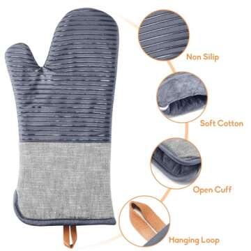 TIPTAP Kitchen Oven Mitts 4pcs Set- Non-Slip Cotton Oven Mitt & Pot Holders – Heat Resistant, Durable & Machine-Washable -One Long Mit, Two Mini Oven Mitts & One Pot Holder (Gray)